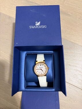 Swarovski Rose-Gold Crystal Bezel Watch with White Strap